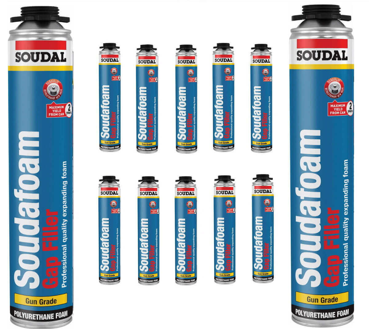 Box of 12 Soudal Gun Grade Gap Filler 750ml, polyurethane expanding foam with high 3D expansion and DuraValve technology.