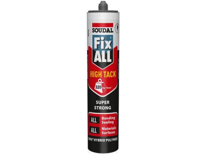 Soudal Fix ALL Hi-Tack sealant adhesive tube 290ml, super strong bonding and sealing for all materials, white packaging.