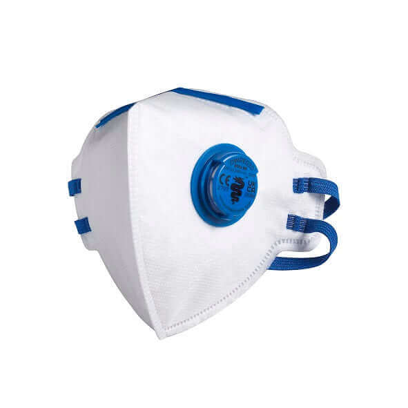 FFP2 fold flat respirator mask with blue valve for dust and aerosol protection.