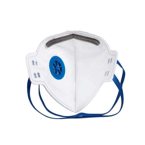 FFP2 fold flat respirator mask with blue valve and adjustable straps for protection against dust and aerosols