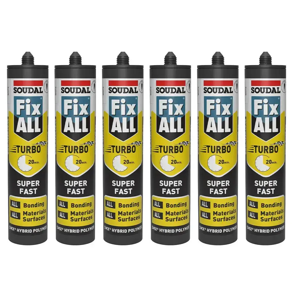 Box of 6 Soudal Fix ALL Turbo Adhesive 290ml tubes, white, hybrid polymer, fast curing, strong bond, works on all surfaces.