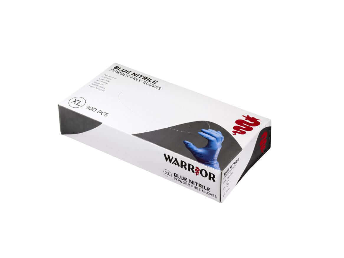 Box of 100 Warrior Blue Nitrile Gloves Size XL, powder-free and latex-free, ideal for food handling and clean environments.