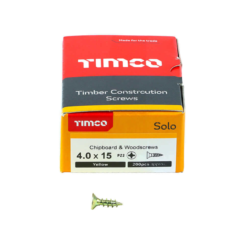 Yellow TIMCO Solo wood screws box and single screw for timber and boards, 4.0x15 PZ2, 200pcs.